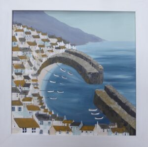 Elaine Allender: Mousehole Blues, acrylic on board, framed, 48cm x 48cm, £150