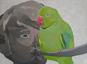 Lola Knopp: Peter and the Punk (acrylic on canvas) A parakeet sits upon a statue of Peter Pan, offering a contrast between a London monument and the 'invasive' bird that has taken over London skies