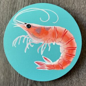 Melanie Charles: Pierre the prawn acrylic on board