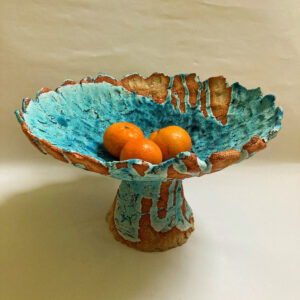 Sally Dorrity WOA: platter on pedestal, stoneware clay, dry blue glaze