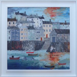 Elaine Allender: Polperro Dawn, mixed media on board, framed, 61cm x 61cm, £450