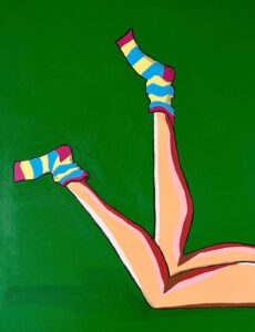 Tania Humphrey: Relax 1 is a piece from the Body Parts series and is one of my favourite pieces. It's a simplistic but fun, bold representation of a girl lying on the summer grass. You only see her stripey socks but imagine she is wearing a summer outfit of shorts or swimsuit perhaps, she may be reading a book or listening to music..... Relax 1 is painted using acrylics on a 50x40cms canvas. The piece is unframed but ready to hang and available to buy. £250.00.