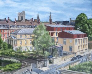 Tim Kapp: St Peter’s College, Oxford, as viewed from the castle mound. Oil on Canvas, 20 x 16”.