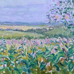 Caroline Vivian: Wild Roses & Views from the Ridgeway, Oil on board (23 x 21cm)