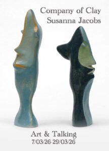 Art & Talking: Company of Clay Painting and sculpture by Susanna Jacobs Art and Talking, 7 to 29 March 2026 Opening Saturday March 7th 2-8pm, https://www.susannajacobs.com