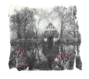 Etain O'Carroll: Mixed media riverside boathouse with embroidery