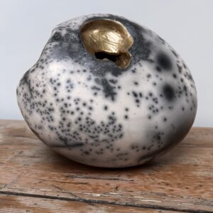 Helen Woolner: Abstract vessel, naked raku, Black & white with Gold tunnels