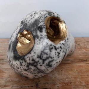 Helen Woolner: Abstract Sculpture, Naked raku, black & white with Gold Tunnels