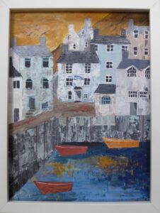 Elaine Allender: Polperro, The Blue Peter, mixed media, framed, 30cm x 40cm, £140