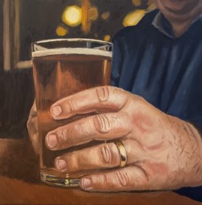 Tim Kapp: A Warm Beer. Oil on Canvas, 12 x12”.