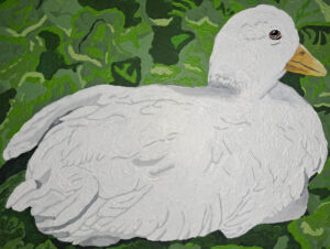 Lola Knopp: Tofu's Spot (acrylic on canvas) A celebration of the white call duck who lives on the Ladygrove Lakes in Didcot