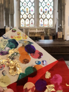 Community Art installation, Dorchester Festival: Artwork inspired by the Abbey's stained glass windows created by the Dorchester toddler group