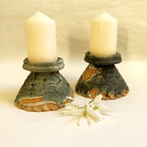 Sally Dorrity WOA: candlesticks, stoneware clay, dry green glaze