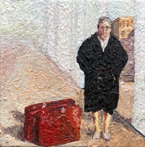 Howard Aspden: Woman with Two Suitcases. Oil on Canvas