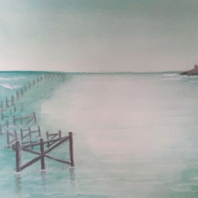 Swanage pier, (no longer there). Watercolour copy from a photo, on paper, mount and framed