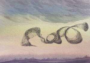 Elena Ruiz: A starling murmuration. Watercolour. 29.7x 21cm - 11.7x8.3in. £120 plus P&P
