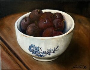 Nicola Bingham: ‘Dish of plums’ 10 by 8 ins p, oil on canvas £125