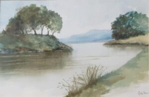 Jennie Fairweather: River scene, watercolour on paper, mount and framed